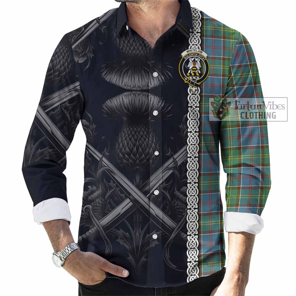 Tartan Vibes Clothing Whitelaw Tartan Long Sleeve Button Shirt with Family Crest Cross Sword Thistle Celtic Vibes
