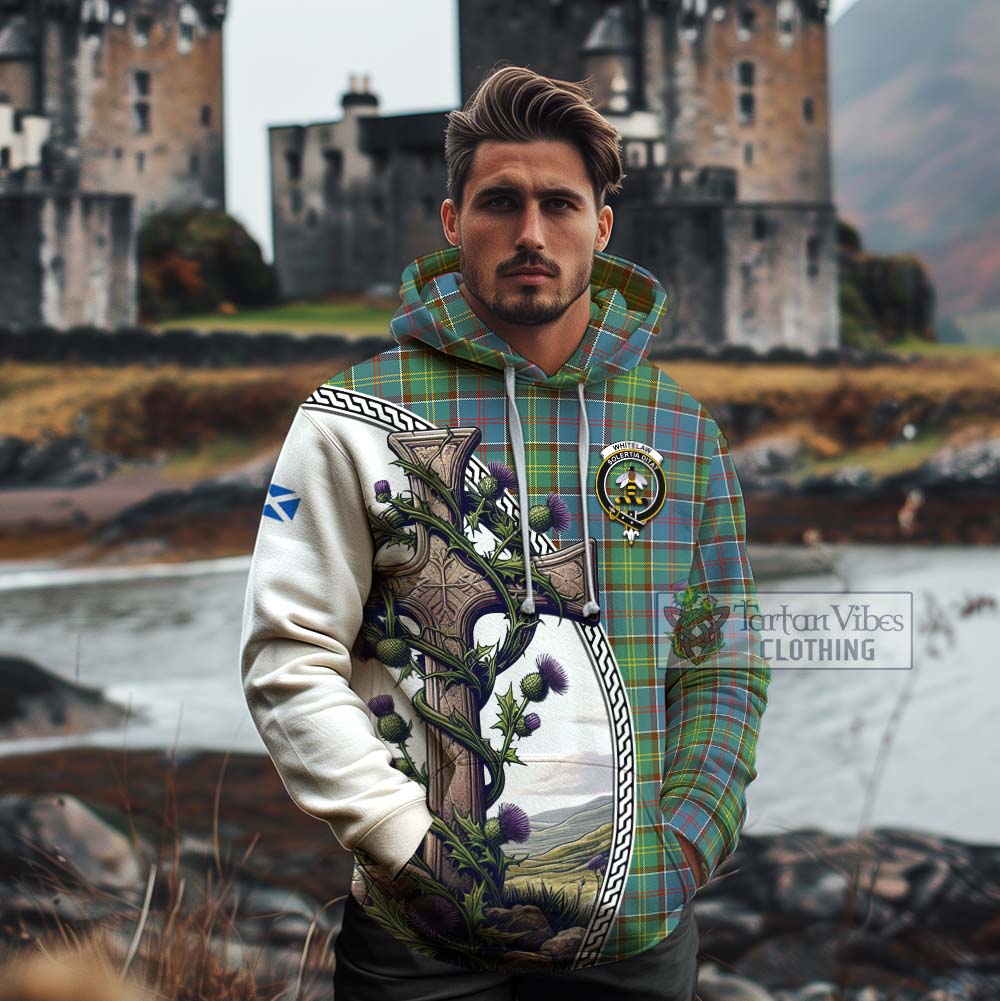 Tartan Vibes Clothing Whitelaw Tartan Cotton Hoodie with Family Crest and St. Andrew's Cross Accented by Thistle Vines