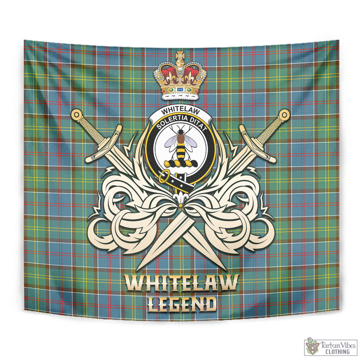 Tartan Vibes Clothing Whitelaw Tartan Tapestry with Clan Crest and the Golden Sword of Courageous Legacy