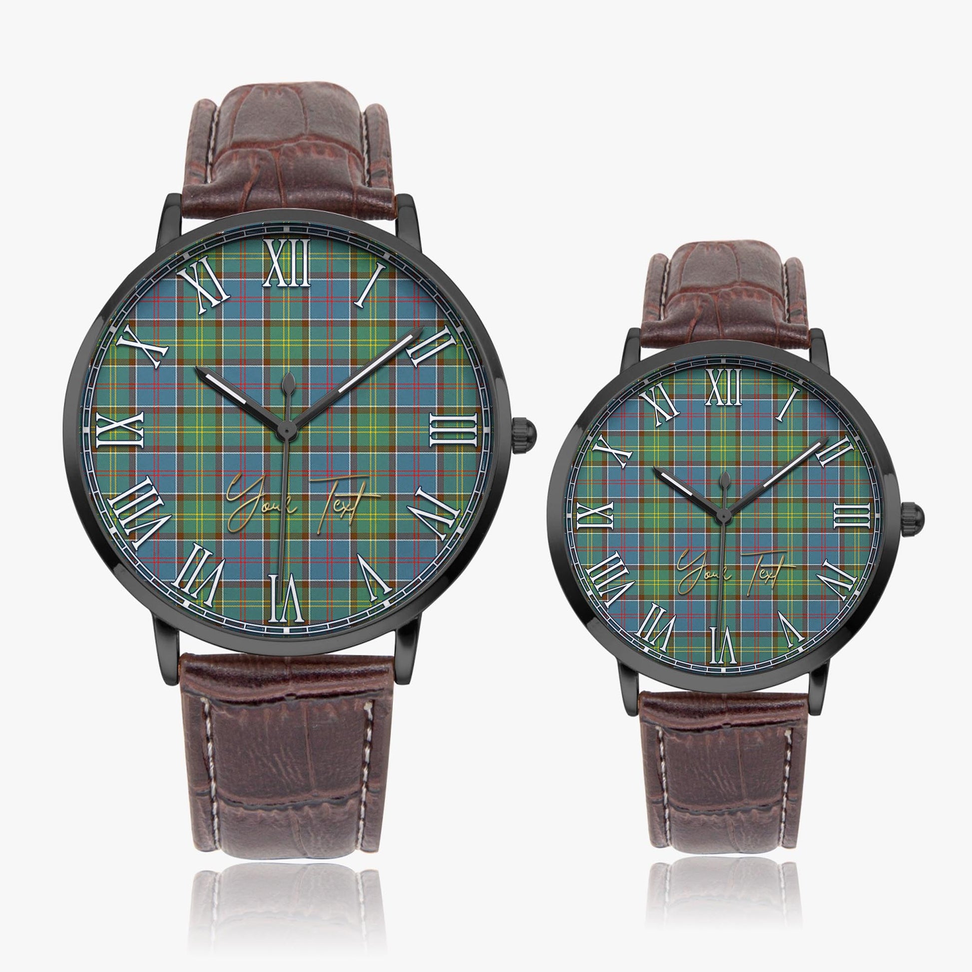 Whitelaw Tartan Personalized Your Text Leather Trap Quartz Watch Ultra Thin Black Case With Brown Leather Strap - Tartanvibesclothing Shop
