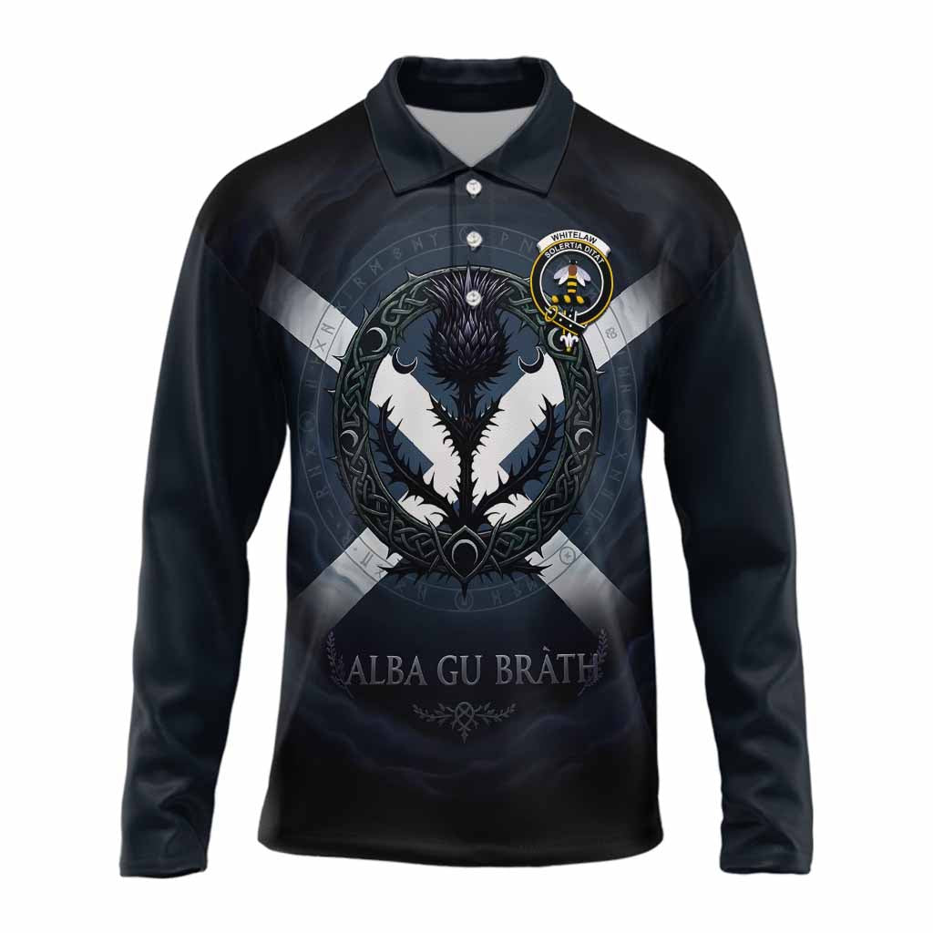 Whitelaw Clan Crest Long Sleeve Polo Shirt with Celtic Knot Thistle and Saltire