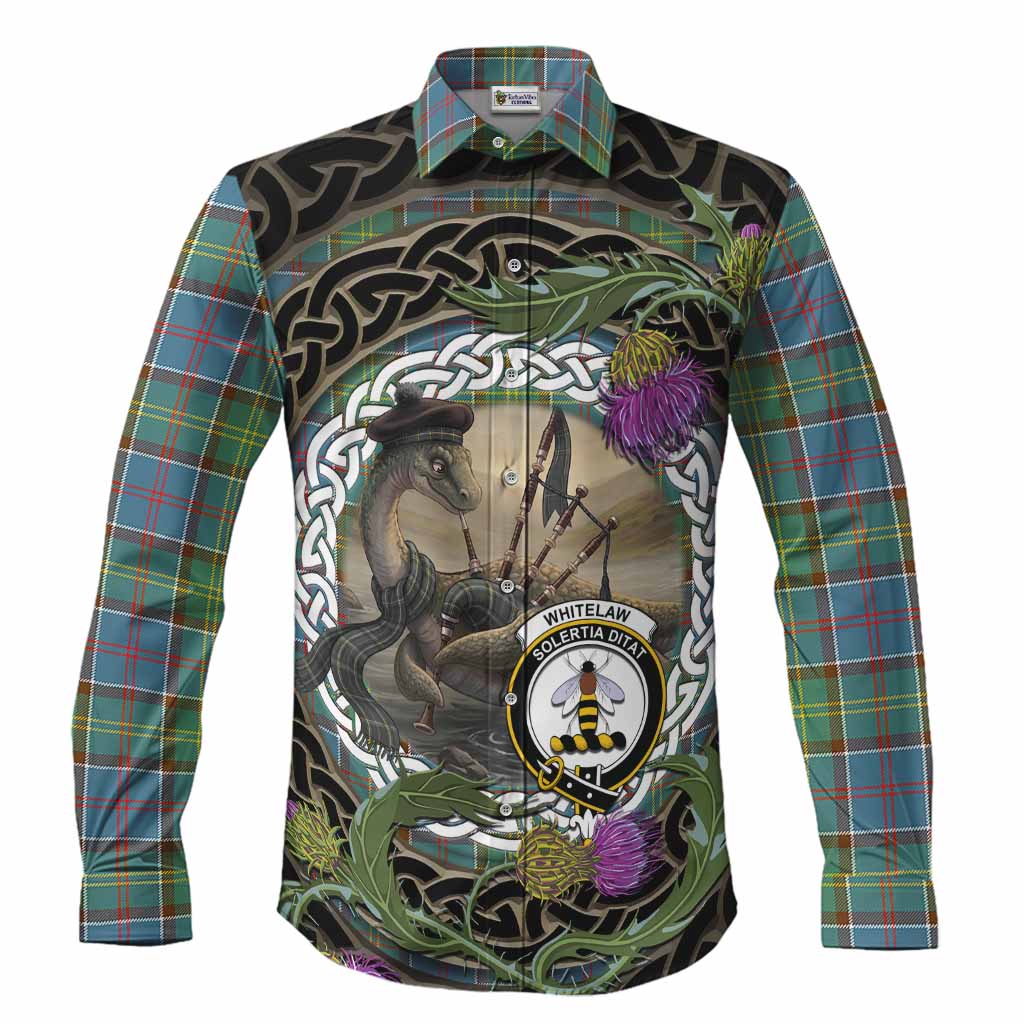 Whitelaw Tartan Crest Bagpipe Nessie Long Sleeve Button Shirts Scottish Loch Ness Monster Celtic Thistle