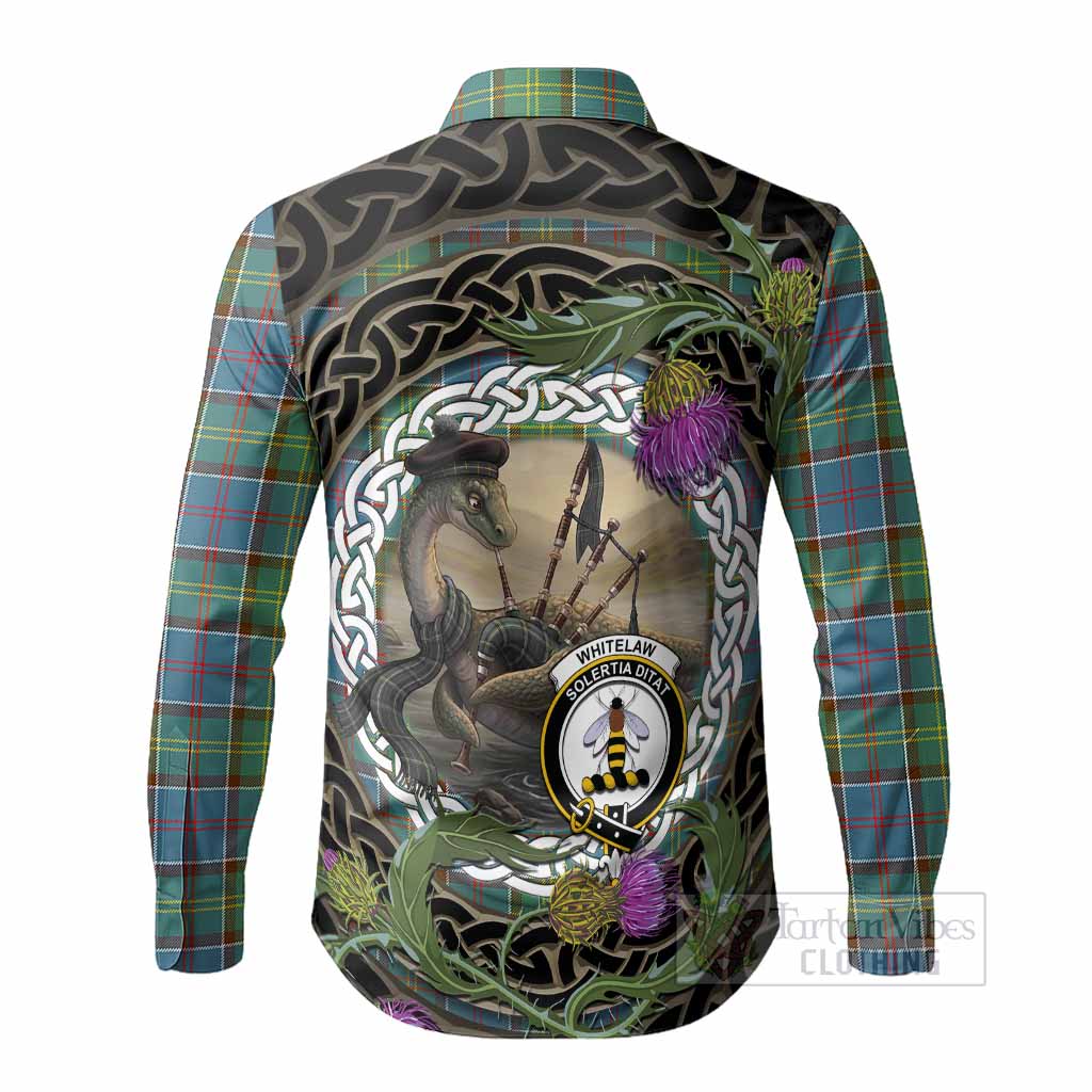 Whitelaw Tartan Crest Bagpipe Nessie Long Sleeve Button Shirts Scottish Loch Ness Monster Celtic Thistle