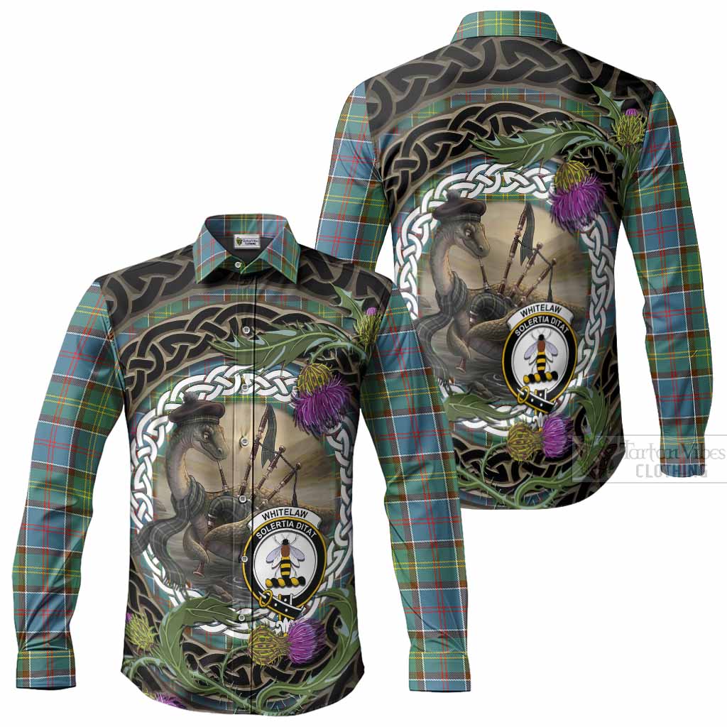 Whitelaw Tartan Crest Bagpipe Nessie Long Sleeve Button Shirts Scottish Loch Ness Monster Celtic Thistle