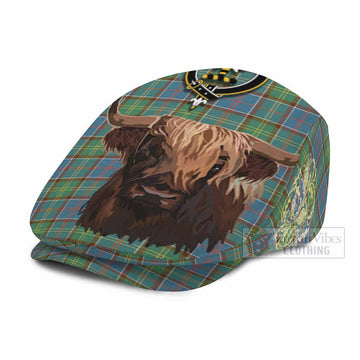 Whitelaw Tartan Crest Flat Cap, Jeff Cap Scotland Heilan Coo Tartan Seamless Style