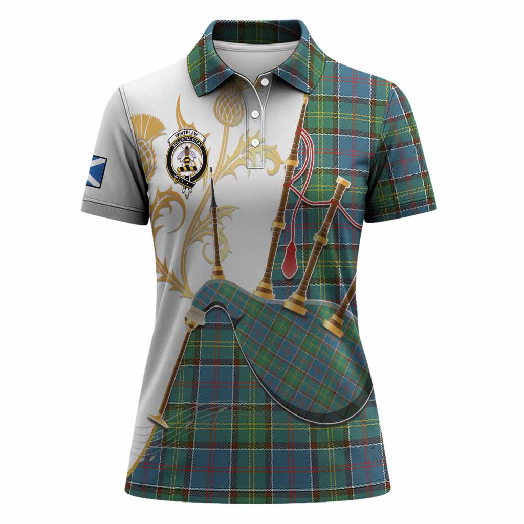 Whitelaw Tartan Family Crest Women Polo Shirt Bagpipes with Scottish Thistle