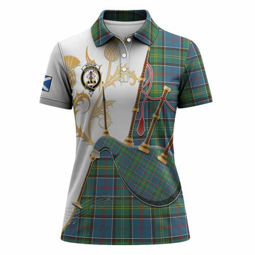 Whitelaw Tartan Family Crest Women Polo Shirt Bagpipes with Scottish Thistle