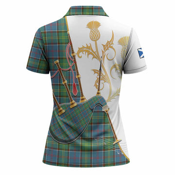 Whitelaw Tartan Family Crest Women Polo Shirt Bagpipes with Scottish Thistle