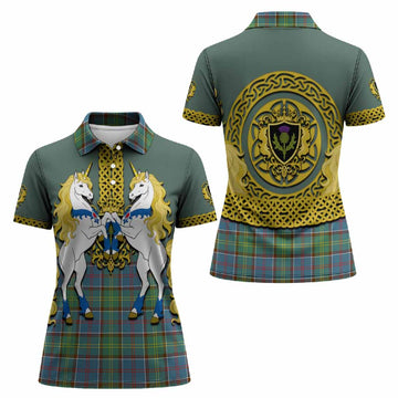 Whitelaw Tartan Women Polo Shirt Unicorn Celtic Knot And Thistle Emblem