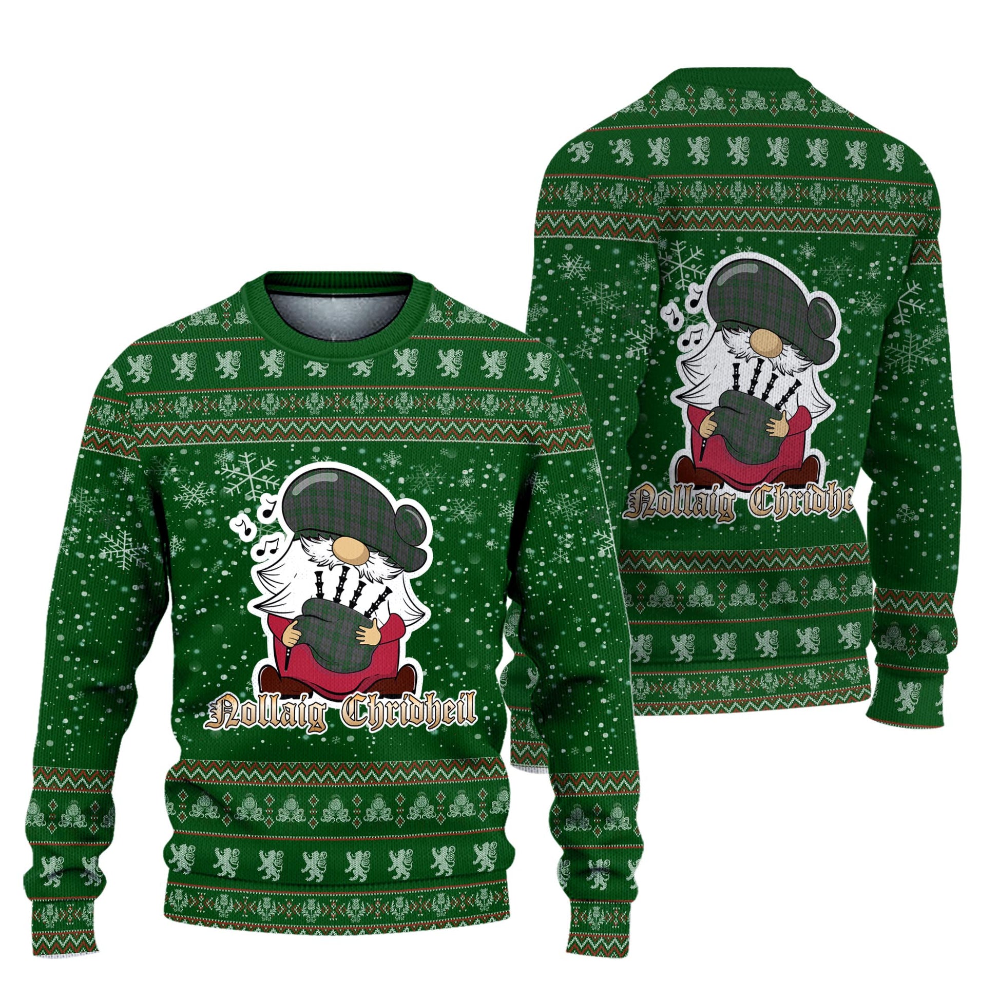 Wicklow County Ireland Clan Christmas Family Knitted Sweater with Funny Gnome Playing Bagpipes Unisex Green - Tartanvibesclothing