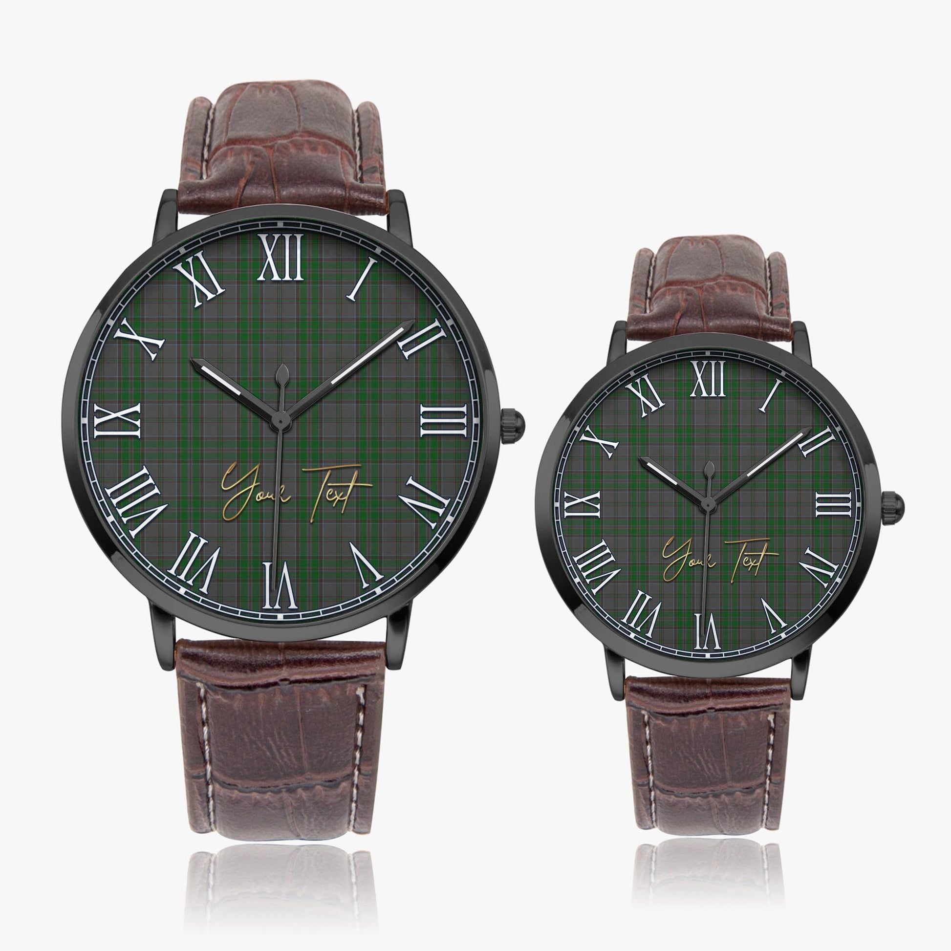 Wicklow County Ireland Tartan Personalized Your Text Leather Trap Quartz Watch Ultra Thin Black Case With Brown Leather Strap - Tartanvibesclothing Shop