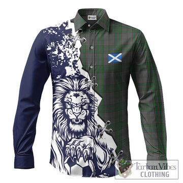 Wicklow Tartan Scottish Long Sleeve Button Shirts Angry Lion With Soccer Ball Style