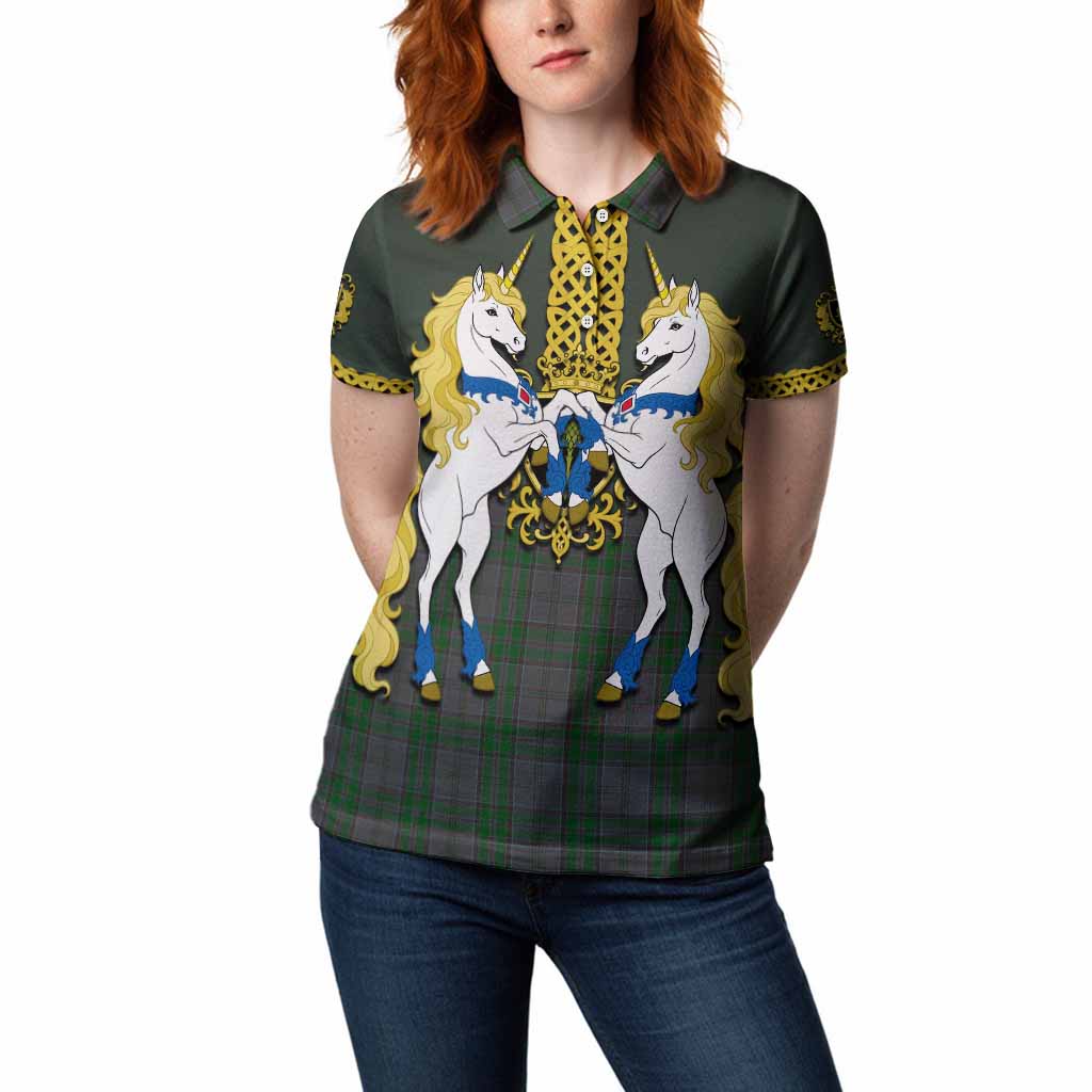 Wicklow Tartan Women Polo Shirt Unicorn Celtic Knot And Thistle Emblem