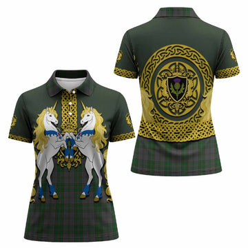 Wicklow Tartan Women Polo Shirt Unicorn Celtic Knot And Thistle Emblem