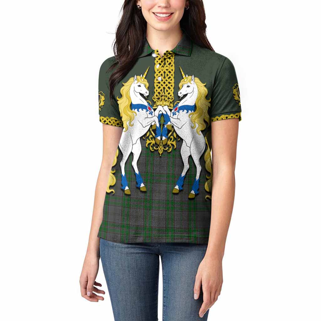 Wicklow Tartan Women Polo Shirt Unicorn Celtic Knot And Thistle Emblem