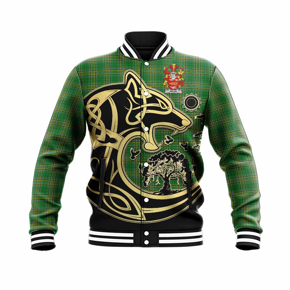 Wilde Irish Tartan Baseball Jacket with Coat of Arms Celtic Wolf Style Unisex - Tartan Vibes Clothing
