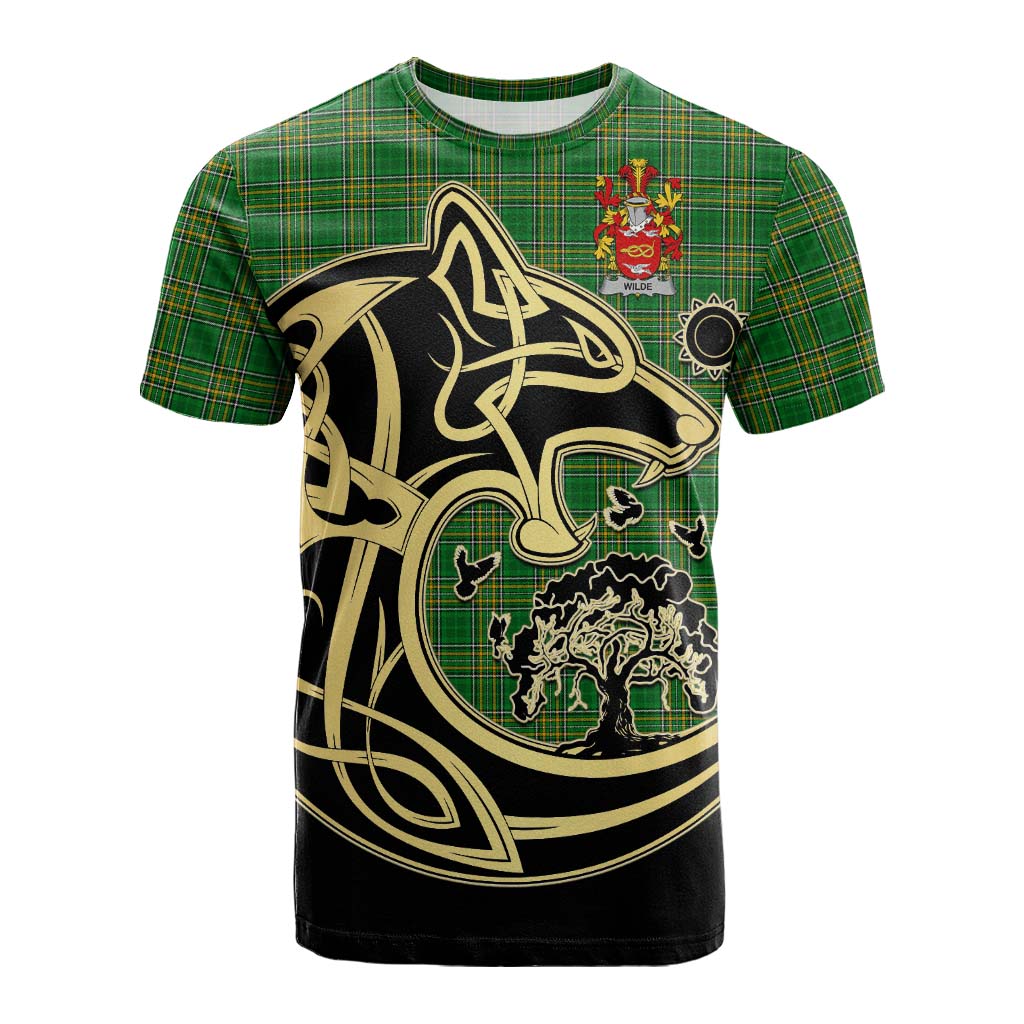 Tartan Vibes Clothing Wilde Irish Tartan Cotton T-shirt with Coat of Arms Celtic Wolf Style