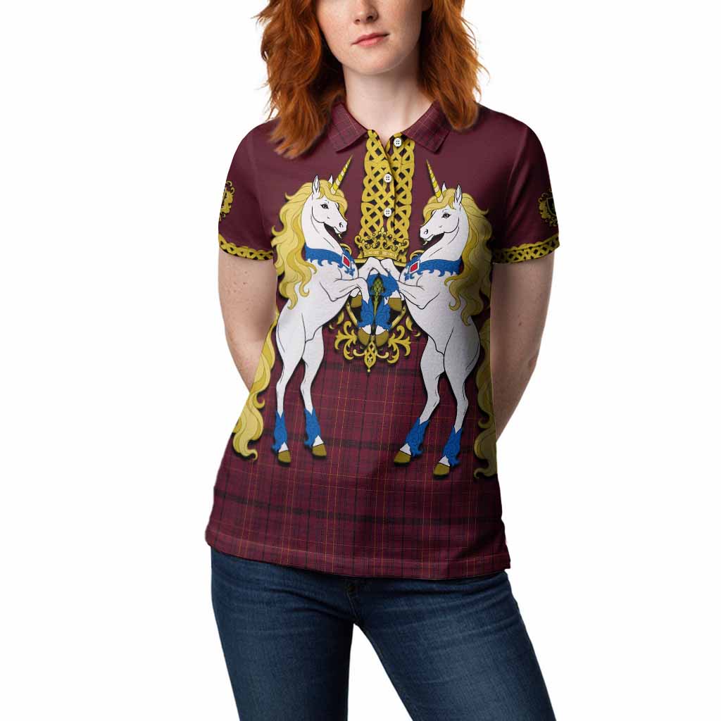 Williams of Wales Tartan Women Polo Shirt Unicorn Celtic Knot And Thistle Emblem