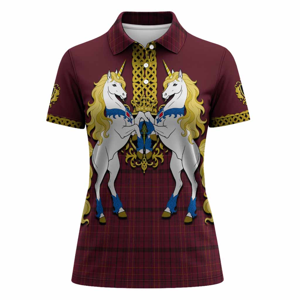 Williams of Wales Tartan Women Polo Shirt Unicorn Celtic Knot And Thistle Emblem