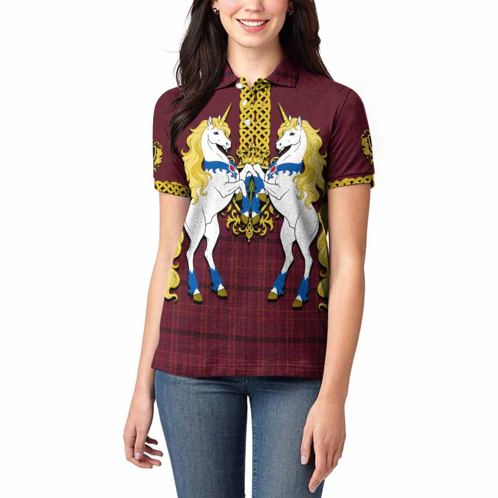 Williams of Wales Tartan Women Polo Shirt Unicorn Celtic Knot And Thistle Emblem