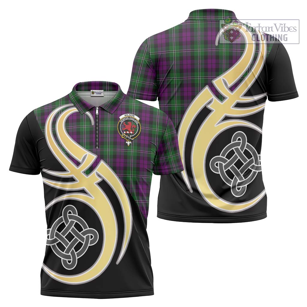 Tartan Vibes Clothing Wilson Tartan Zipper Polo Shirt with Family Crest and Celtic Symbol Style