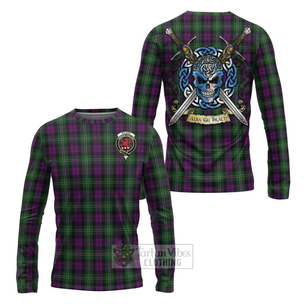 Tartan Vibes Clothing Wilson Tartan Long Sleeve T-Shirt with Family Crest Celtic Skull Style