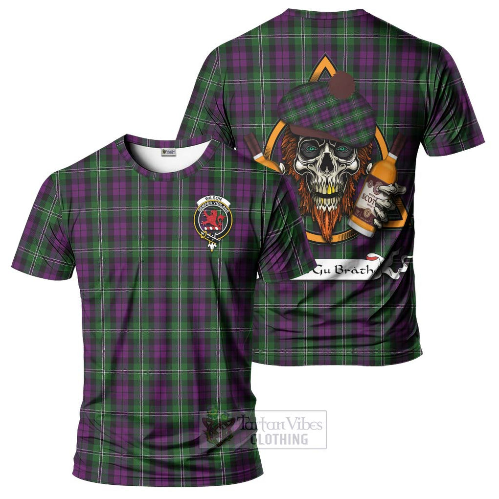 Tartan Vibes Clothing Wilson Tartan T-Shirt with Family Crest and Bearded Skull Holding Bottles of Whiskey