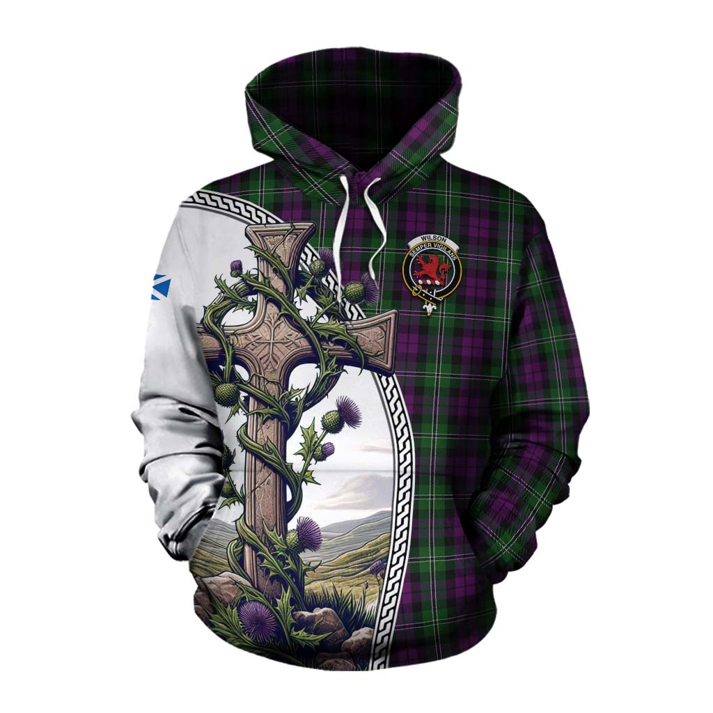 Tartan Vibes Clothing Wilson Tartan Cotton Hoodie with Family Crest and St. Andrew's Cross Accented by Thistle Vines