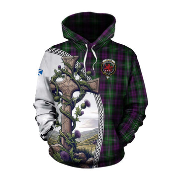 Tartan Vibes Clothing Wilson Tartan Cotton Hoodie with Family Crest and St. Andrew's Cross Accented by Thistle Vines
