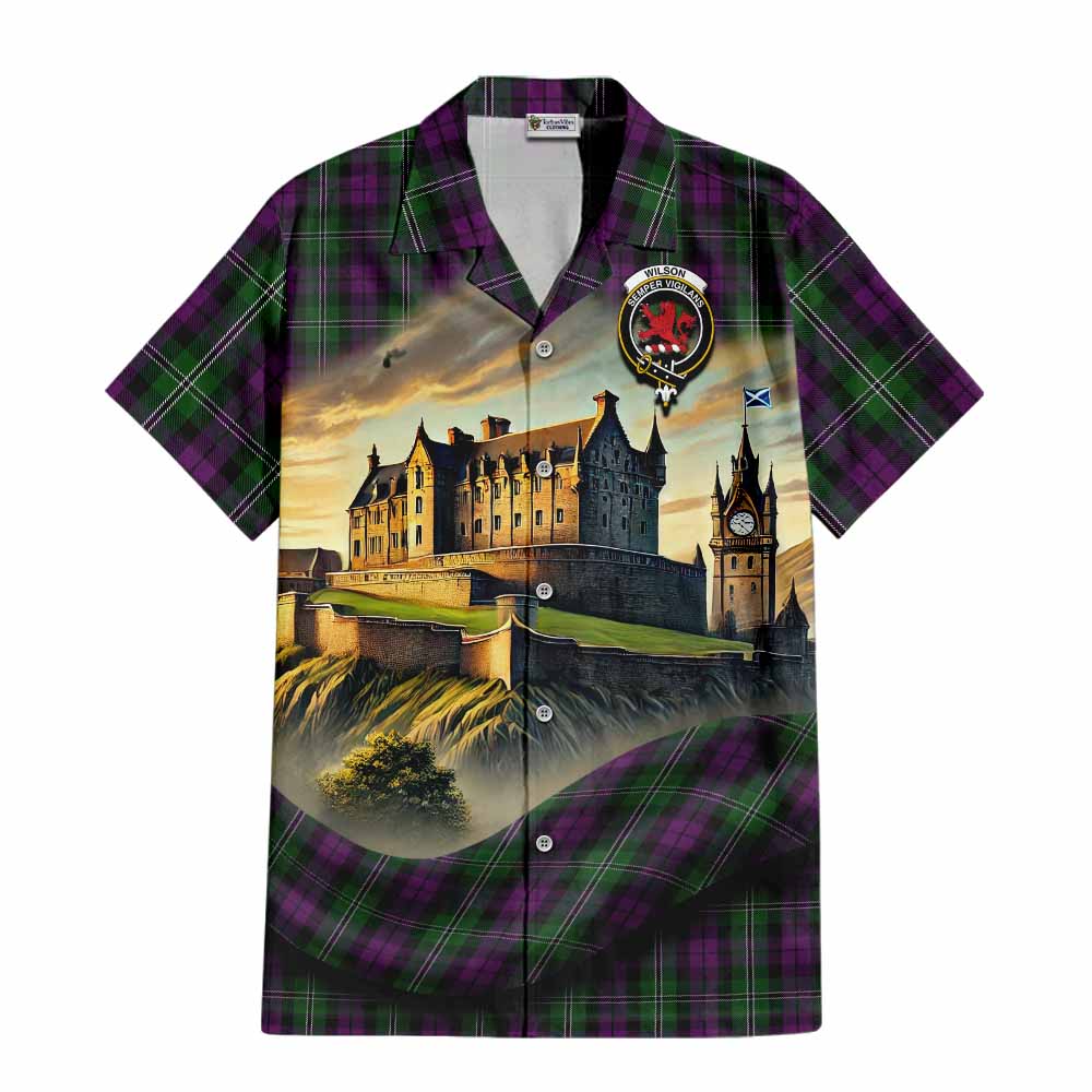 Tartan Vibes Clothing Wilson Tartan Family Crest Short Sleeve Button Shirt with Scottish Ancient Castle Style