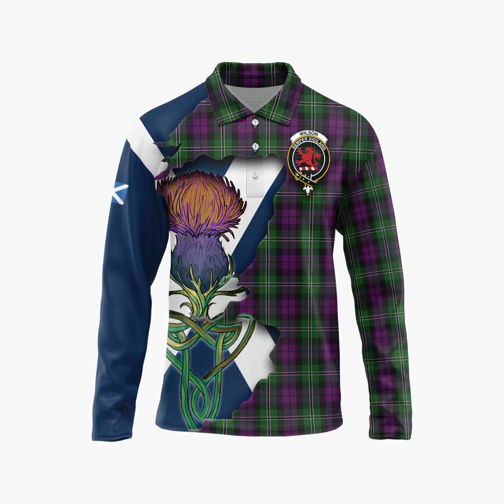 Tartan Vibes Clothing Wilson Tartan Family Crest Long Sleeve Polo Shirt Scottish Thistle Celtic Inspired