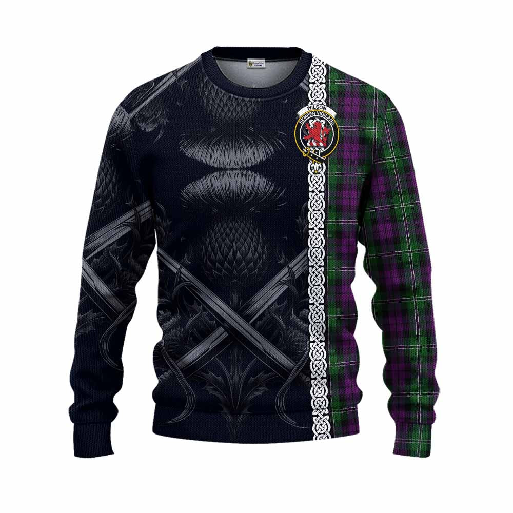 Tartan Vibes Clothing Wilson Tartan Knitted Sweater with Family Crest Cross Sword Thistle Celtic Vibes