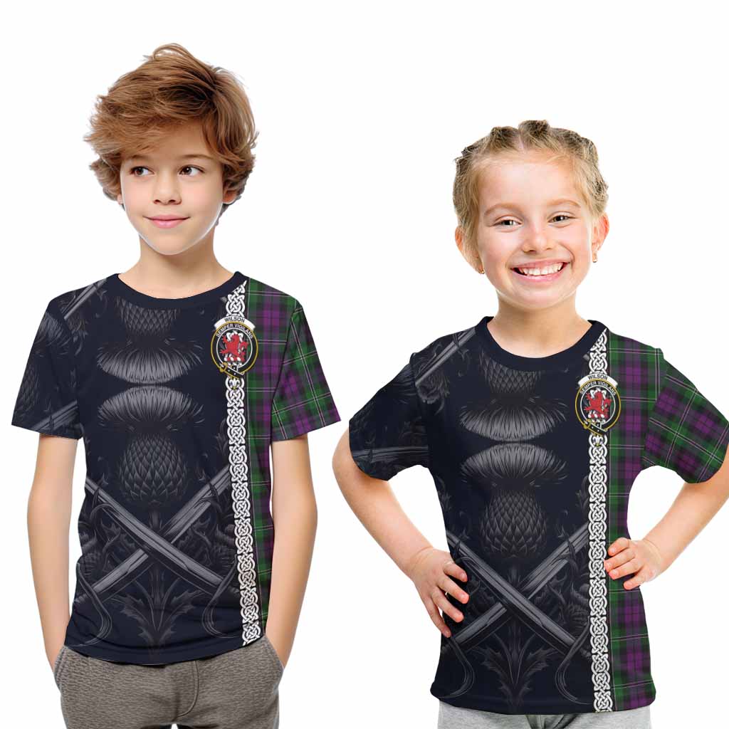 Tartan Vibes Clothing Wilson Tartan Kid T-Shirt with Family Crest Cross Sword Thistle Celtic Vibes