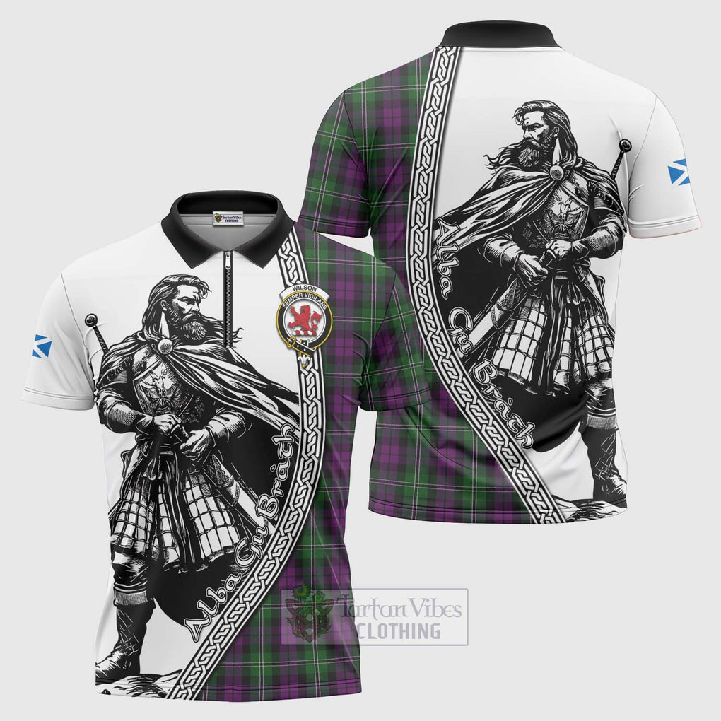 Tartan Vibes Clothing Wilson Tartan Clan Crest Zipper Polo Shirt with Highlander Warrior Celtic Style