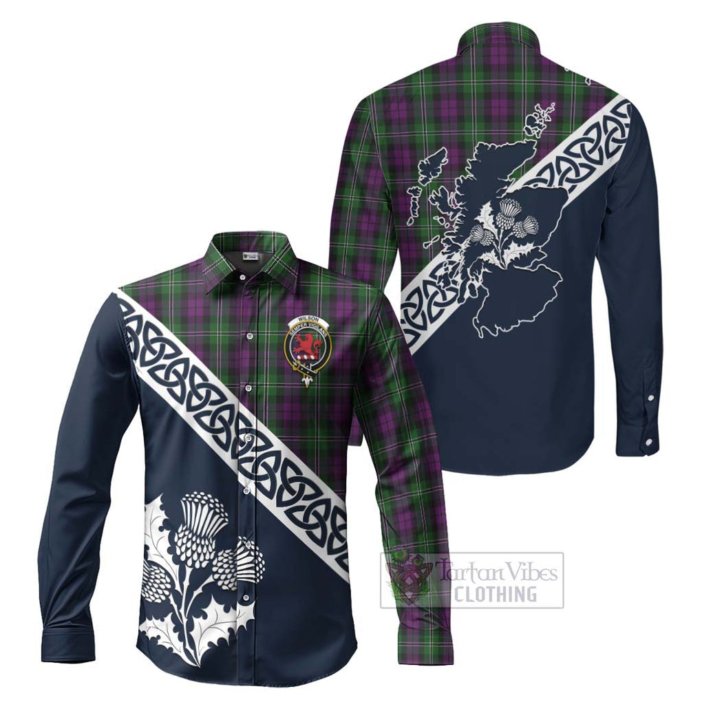 Tartan Vibes Clothing Wilson Tartan Long Sleeve Button Shirt Featuring Thistle and Scotland Map