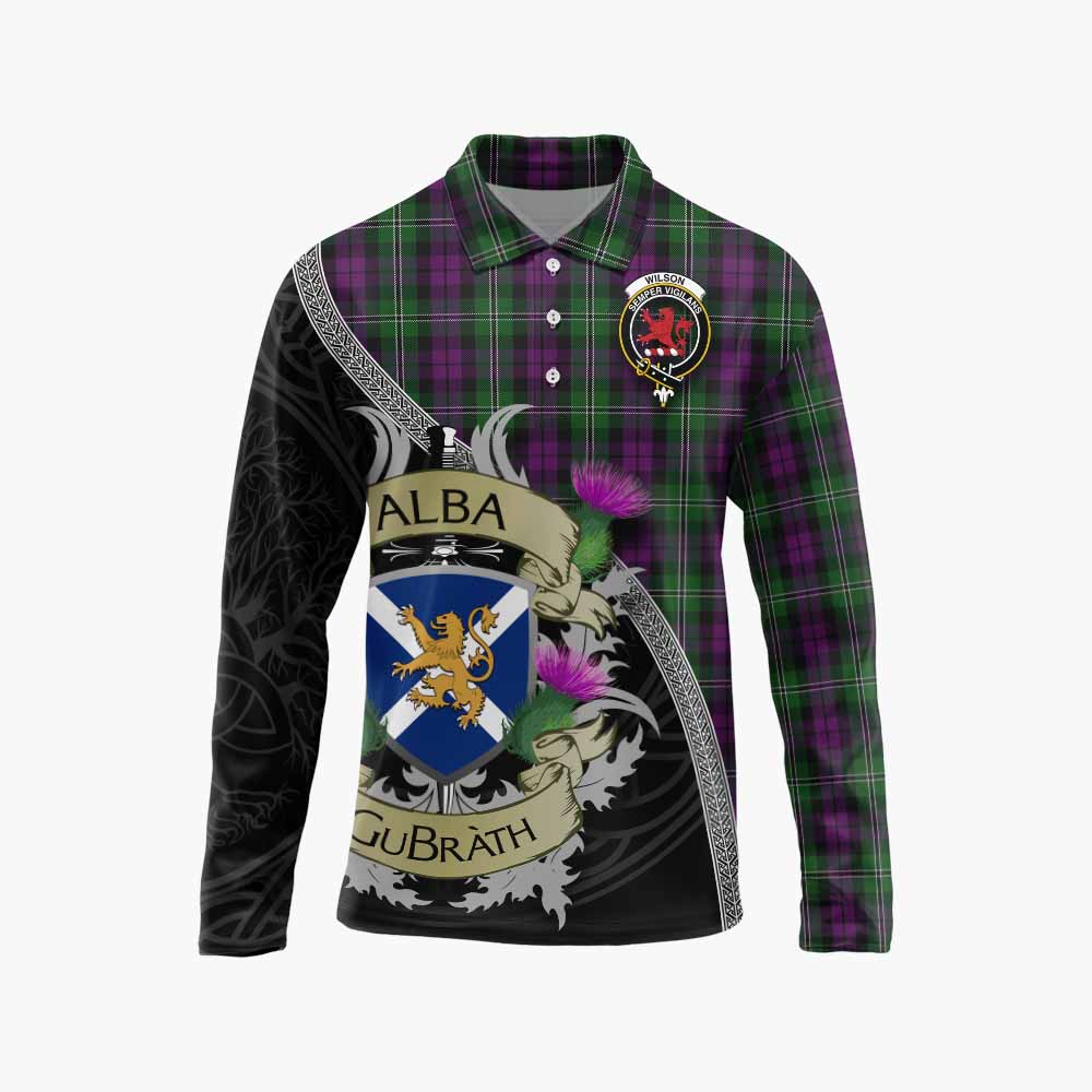 Tartan Vibes Clothing Wilson Tartan Family Crest Long Sleeve Polo Shirt Lion Rampant Royal Thistle Shield Celtic Inspired