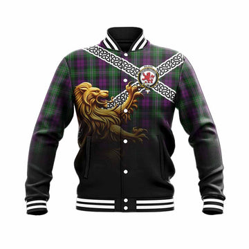 Tartan Vibes Clothing Wilson Crest Tartan Baseball Jacket with Golden Lion Emblem Celtic Style