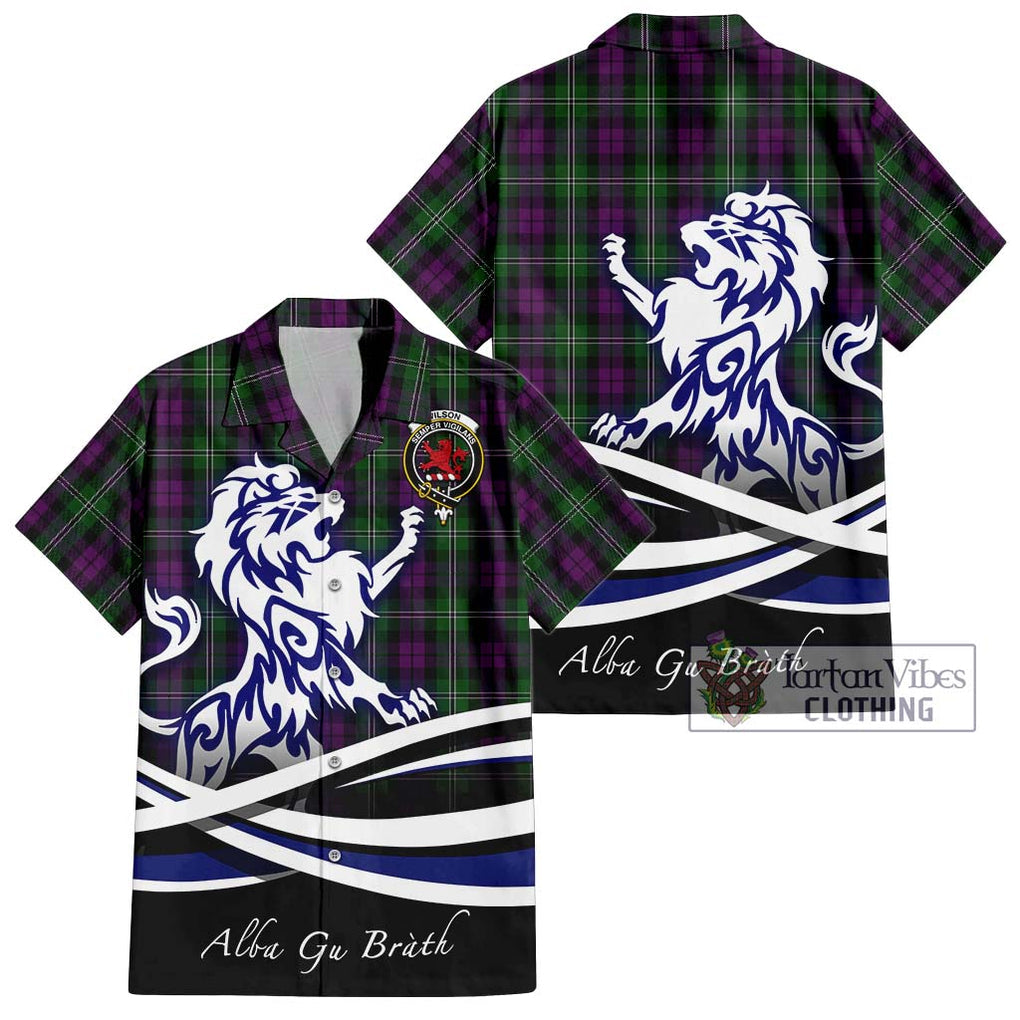 Wilson Tartan Short Sleeve Button Shirt with Alba Gu Brath Regal Lion Emblem Kid - Tartanvibesclothing Shop