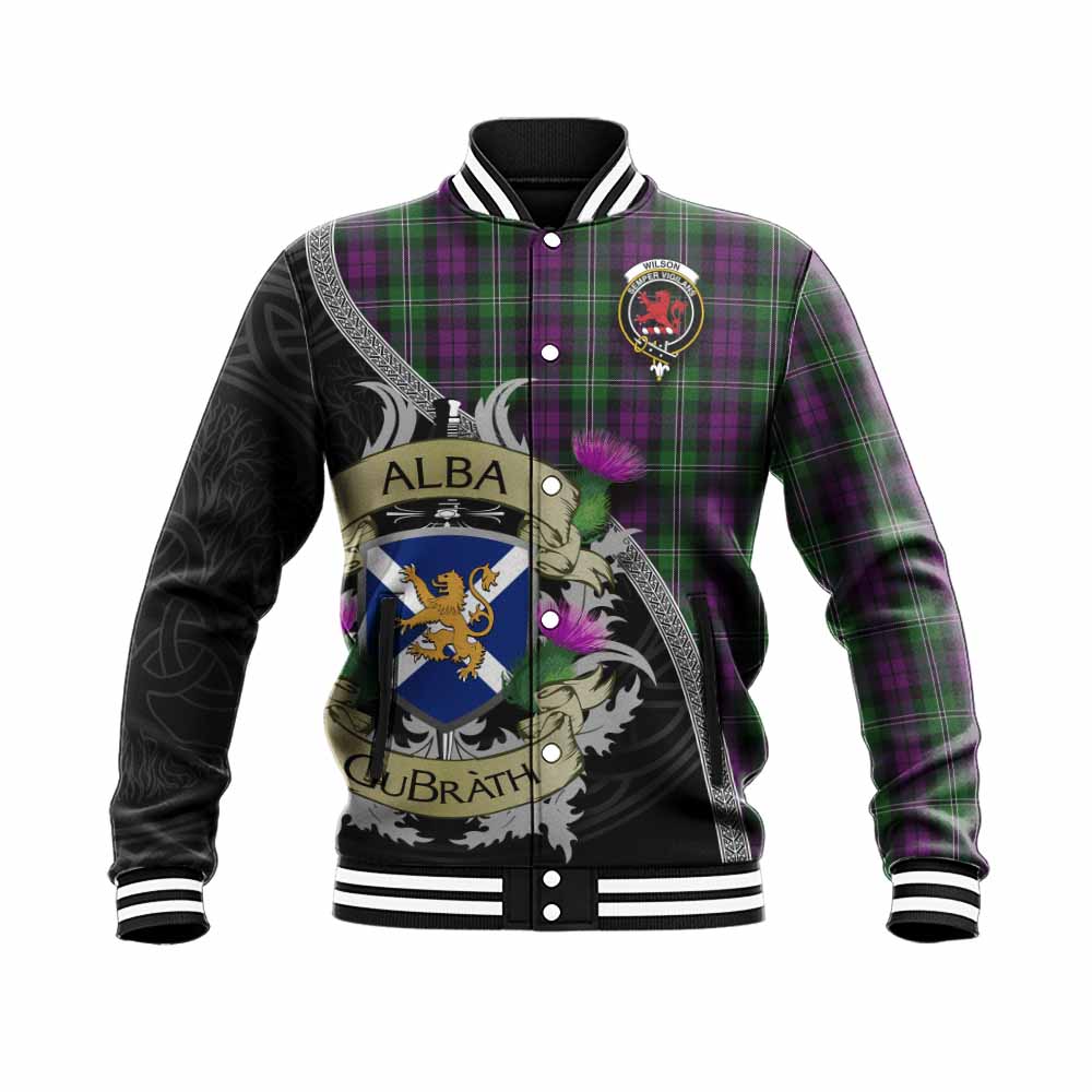 Tartan Vibes Clothing Wilson Tartan Family Crest Baseball Jacket Lion Rampant Royal Thistle Shield Celtic Inspired