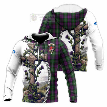 Tartan Vibes Clothing Wilson Tartan Knitted Hoodie with Family Crest and St. Andrew's Cross Accented by Thistle Vines