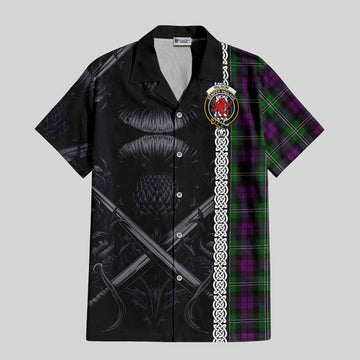 Tartan Vibes Clothing Wilson Tartan Short Sleeve Button Shirt with Family Crest Cross Sword Thistle Celtic Vibes