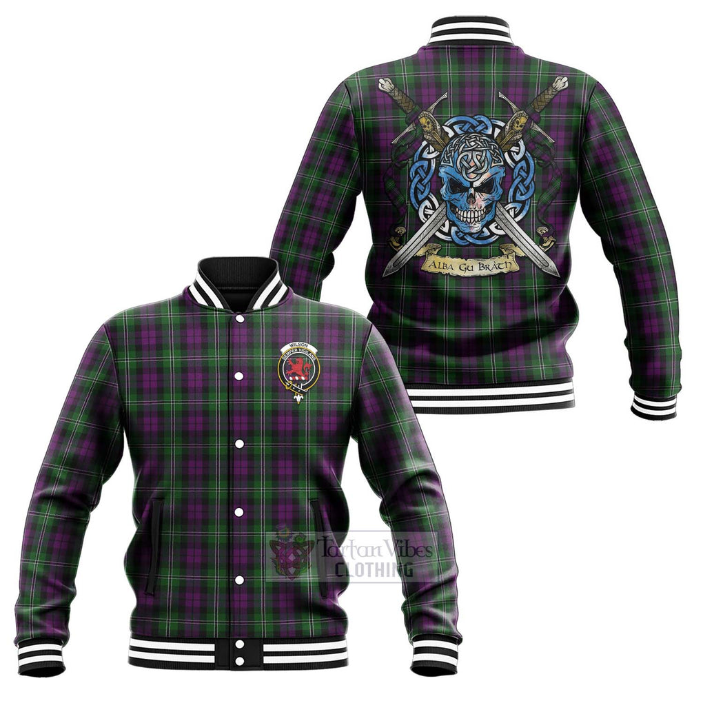 Wilson Tartan Baseball Jacket with Family Crest Celtic Skull Style Unisex - Tartan Vibes Clothing