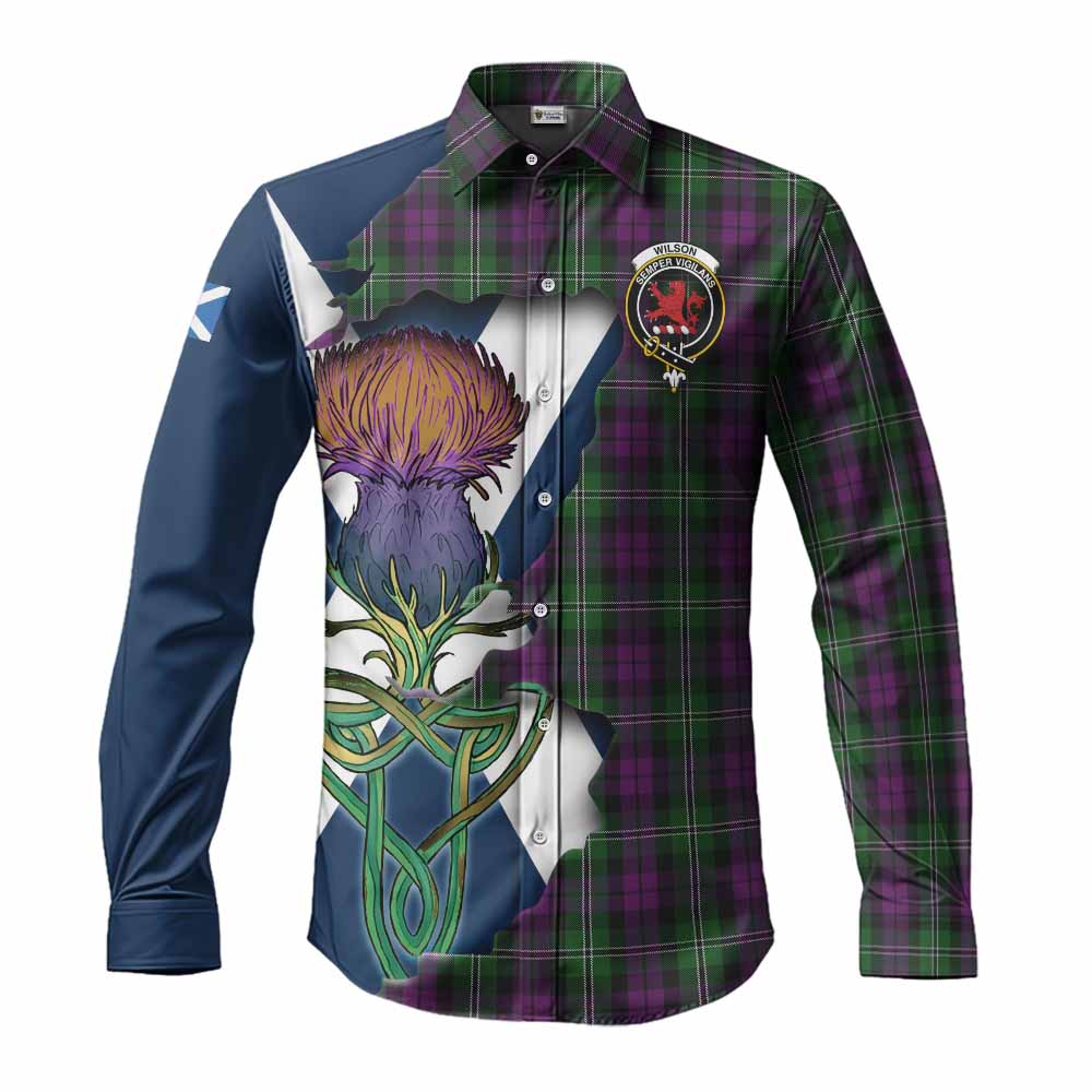 Tartan Vibes Clothing Wilson Tartan Family Crest Long Sleeve Button Shirt Scottish Thistle Celtic Inspired