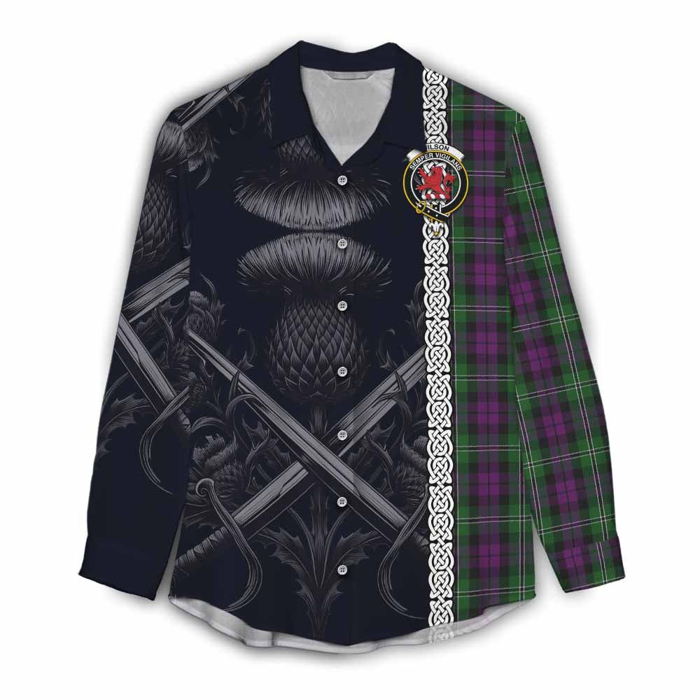 Tartan Vibes Clothing Wilson Tartan Women's Casual Shirt with Family Crest Cross Sword Thistle Celtic Vibes