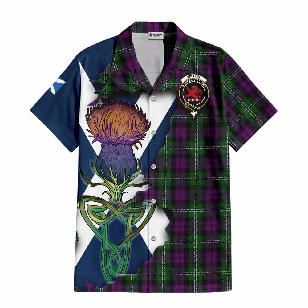 Tartan Vibes Clothing Wilson Tartan Family Crest Short Sleeve Button Shirt Scottish Thistle Celtic Inspired