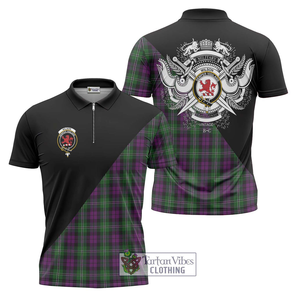 Wilson Tartan Zipper Polo Shirt with Family Crest and Military Logo Style Unisex - Tartanvibesclothing Shop