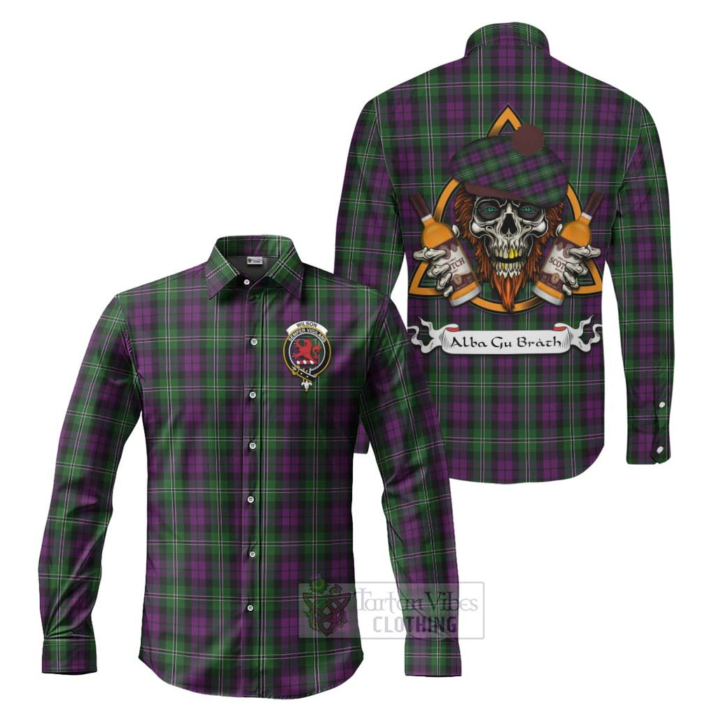 Tartan Vibes Clothing Wilson Tartan Long Sleeve Button Shirt with Family Crest and Bearded Skull Holding Bottles of Whiskey