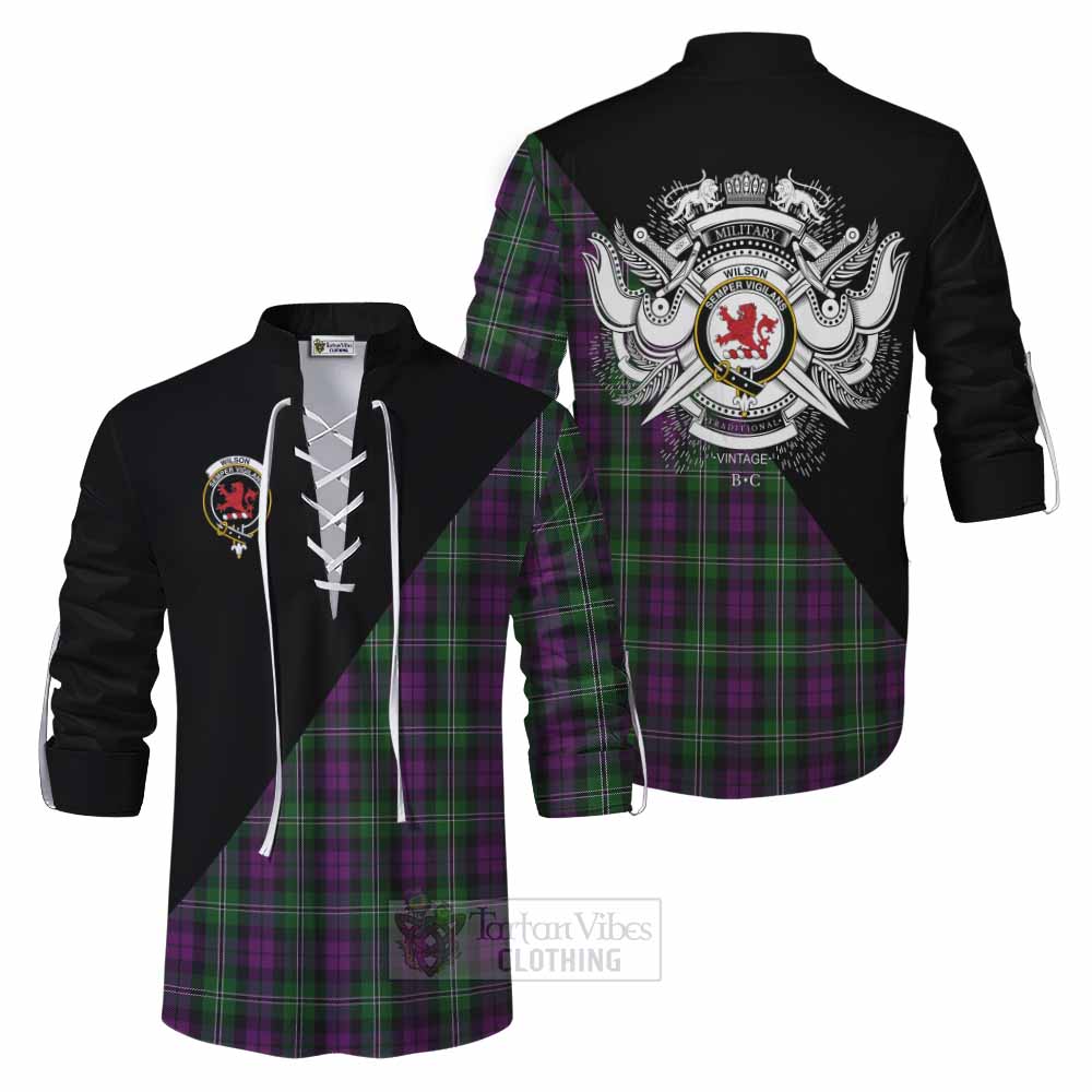 Tartan Vibes Clothing Wilson Tartan Ghillie Kilt Shirt with Family Crest and Military Logo Style