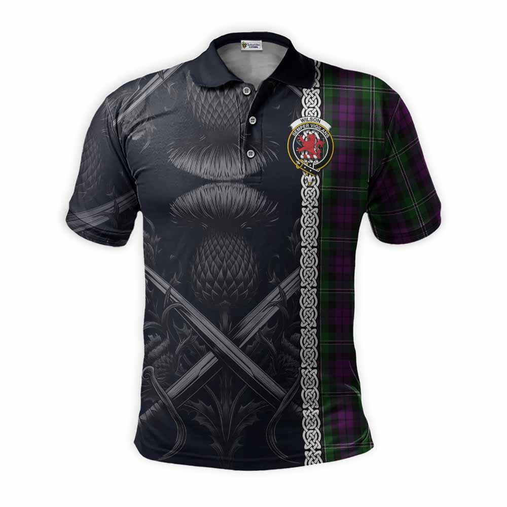Tartan Vibes Clothing Wilson Tartan Polo Shirt with Family Crest Cross Sword Thistle Celtic Vibes