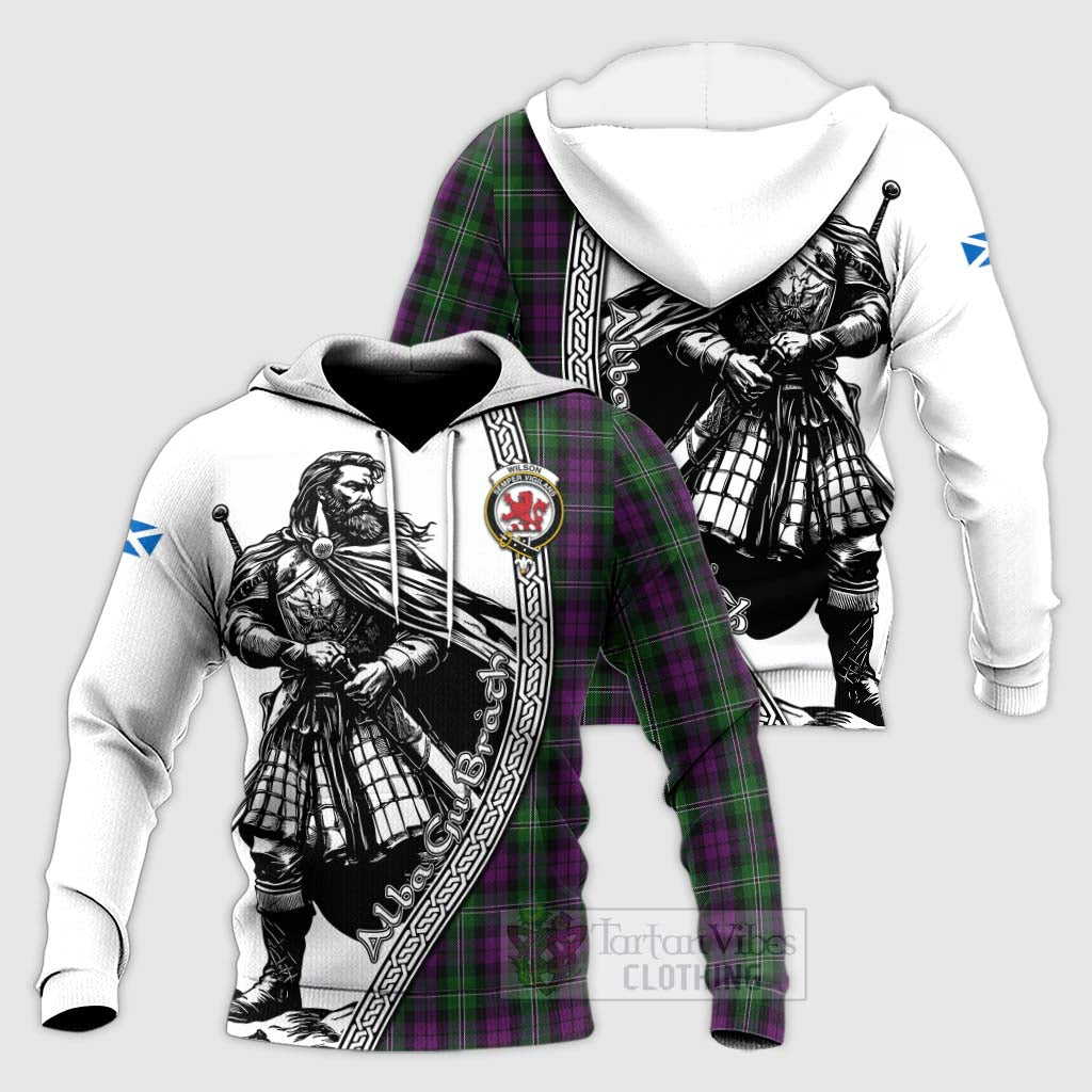 Tartan Vibes Clothing Wilson Tartan Clan Crest Knitted Hoodie with Highlander Warrior Celtic Style